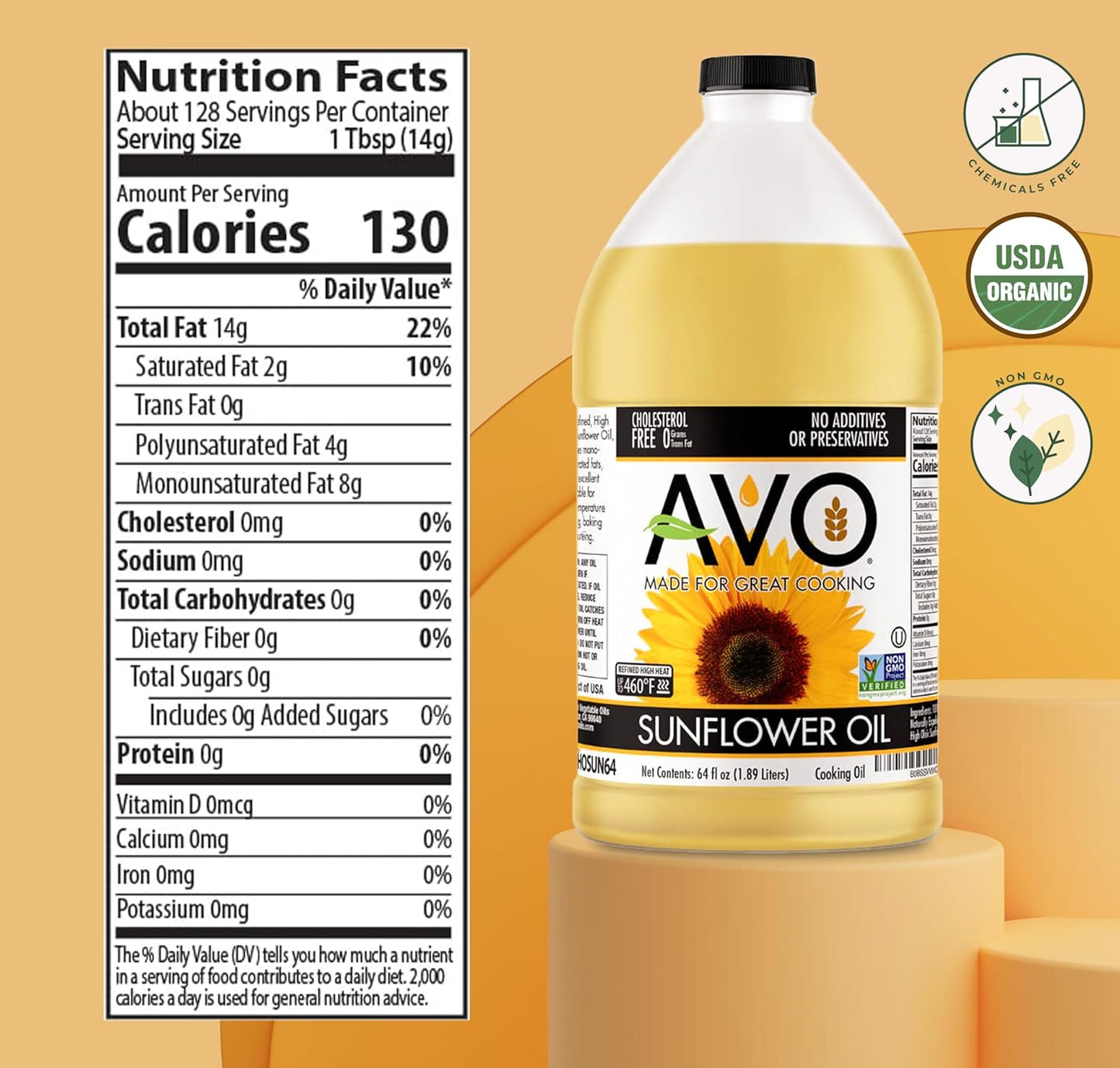 AVO NON-GMO High Oleic Sunflower Oil for General Cooking - 64 fl oz