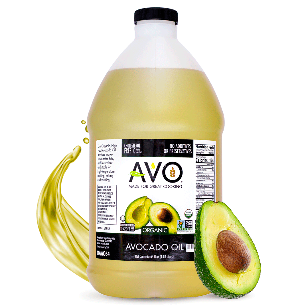 AVO ORGANIC 100% AVOCADO Oil Frying, Baking, Non-stick Sautéing, Salads, Vinaigrette, Marinades, Pan Coating, General Cooking 64 Fl-oz (Half a Gallon), NO preservatives added, Naturally Processed
