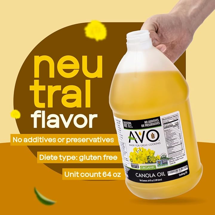 AVO ORGANIC 100% CANOLA Oil Frying, Baking, Non-stick Sautéing, Salads, Vinaigrette, Marinades, Pan Coating, General Cooking 64 Fl-oz (Half a Gallon), NO preservatives added, Naturally Processed