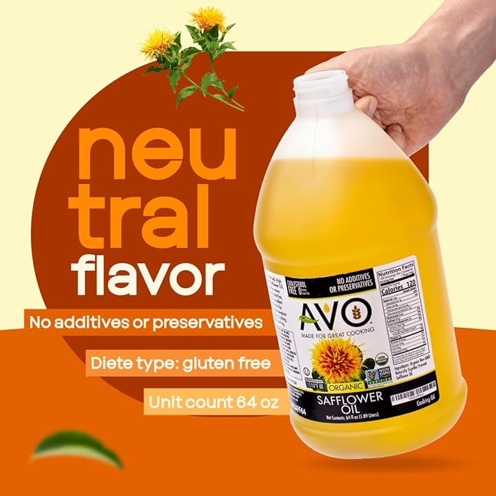 AVO ORGANIC 100% High Oleic SAFFLOWER Oil Frying, Baking, Non-stick Sautéing, Salads, Vinaigrette, Marinades, Pan Coating, General Cooking 64 Fl-oz (Half a Gallon), NO preservatives added, Naturally Processed