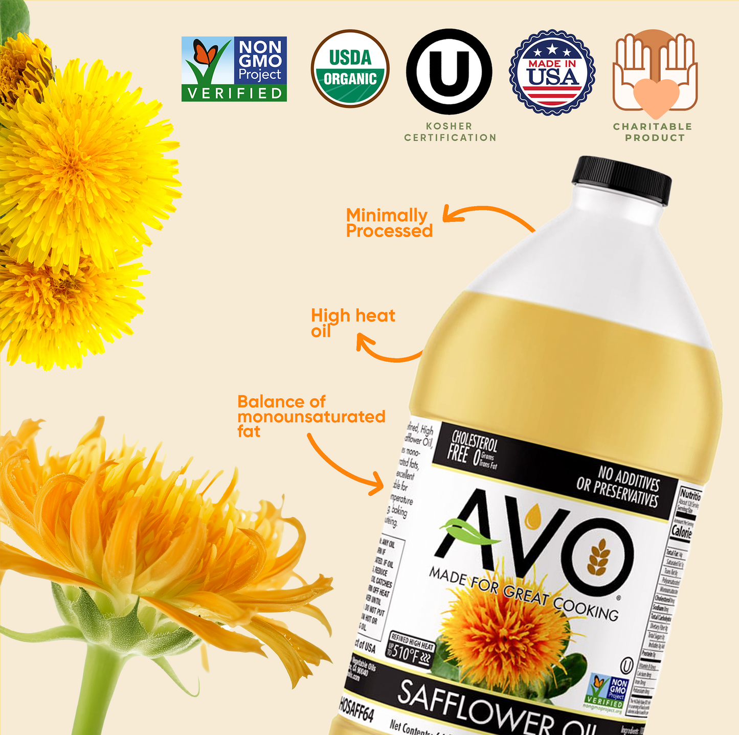 AVO Naturally Processed NON-GMO High Oleic Safflower Oil, 64 fl oz