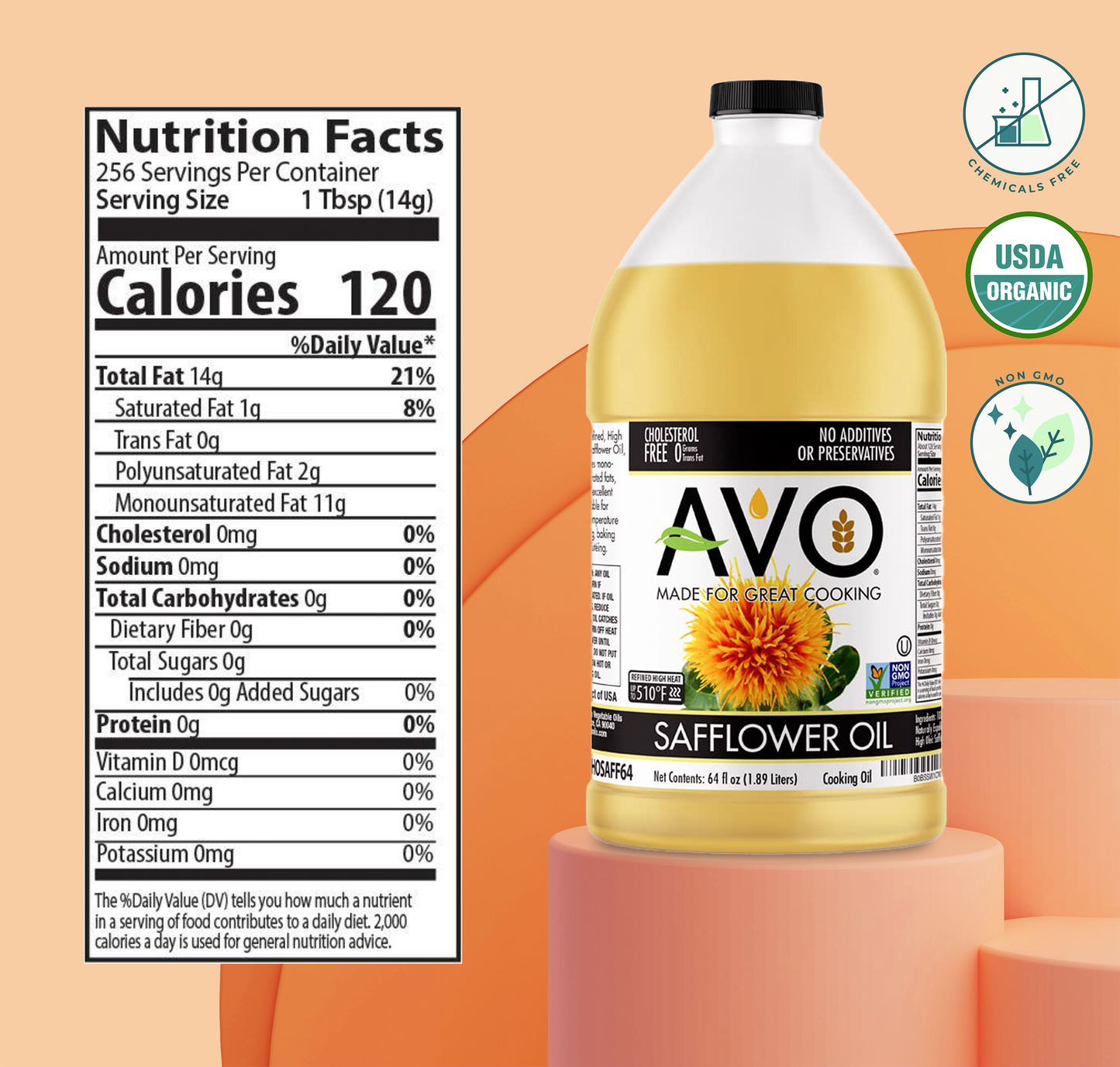 AVO Naturally Processed NON-GMO High Oleic Safflower Oil, 64 fl oz