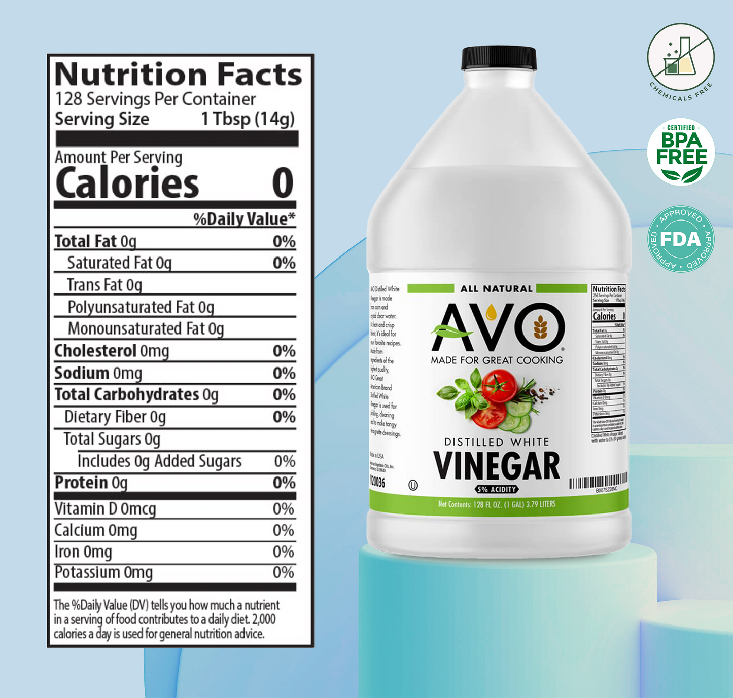 AVO 1 Gallon (128 oz) Pure Natural Distilled White Vinegar - 5% Acidity (2 pack)