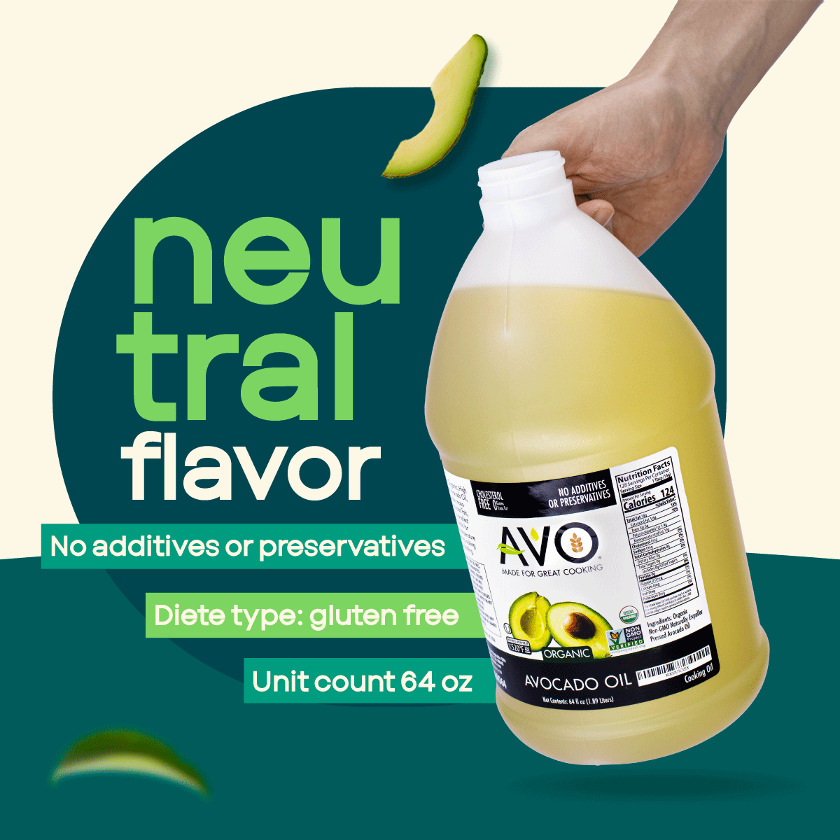 AVO ORGANIC 100% AVOCADO Oil Frying, Baking, Non-stick Sautéing, Salads, Vinaigrette, Marinades, Pan Coating, General Cooking 64 Fl-oz (Half a Gallon), NO preservatives added, Naturally Processed