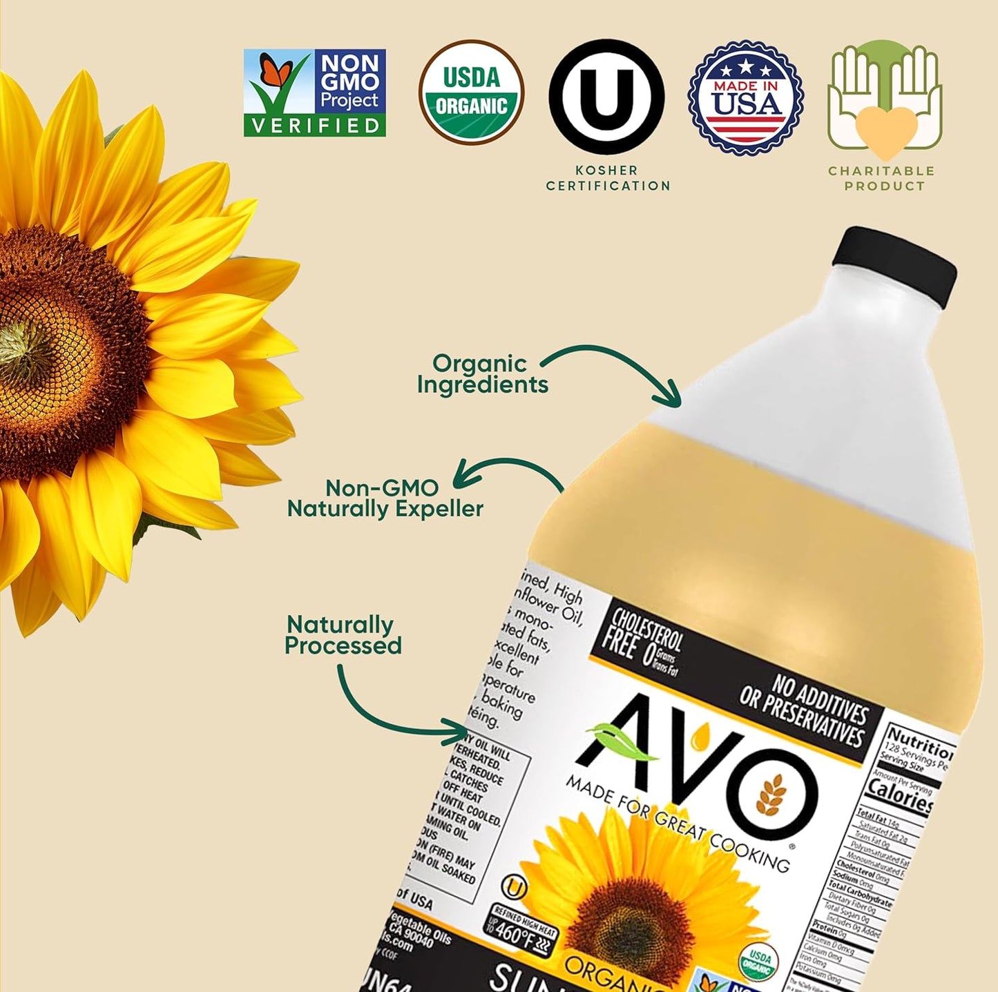 AVO ORGANIC 100% High Oleic SUNFLOWER Oil Frying, Baking, Non-stick Sautéing, Salads, Vinaigrette, Marinades, Pan Coating, General Cooking 64 Fl-oz (Half a Gallon), NO preservatives added, Naturally Processed