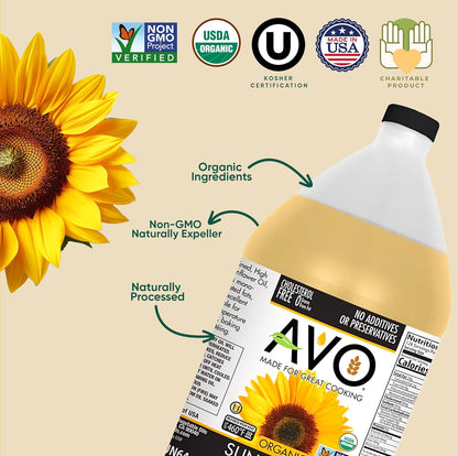 AVO ORGANIC 100% High Oleic SUNFLOWER Oil Frying, Baking, Non-stick Sautéing, Salads, Vinaigrette, Marinades, Pan Coating, General Cooking 64 Fl-oz (Half a Gallon), NO preservatives added, Naturally Processed