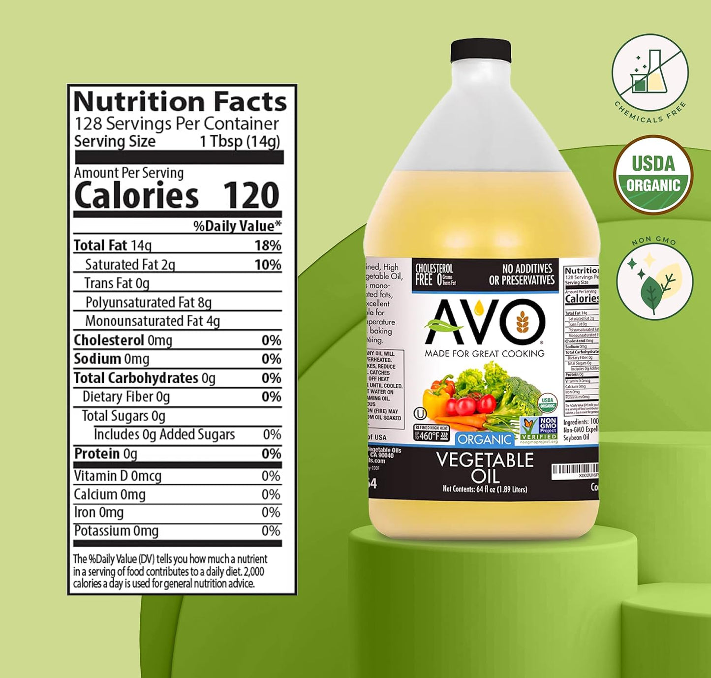 AVO ORGANIC 100% VEGETABLE Oil, 64 Fl-oz (Half a Gallon) NO preservatives added