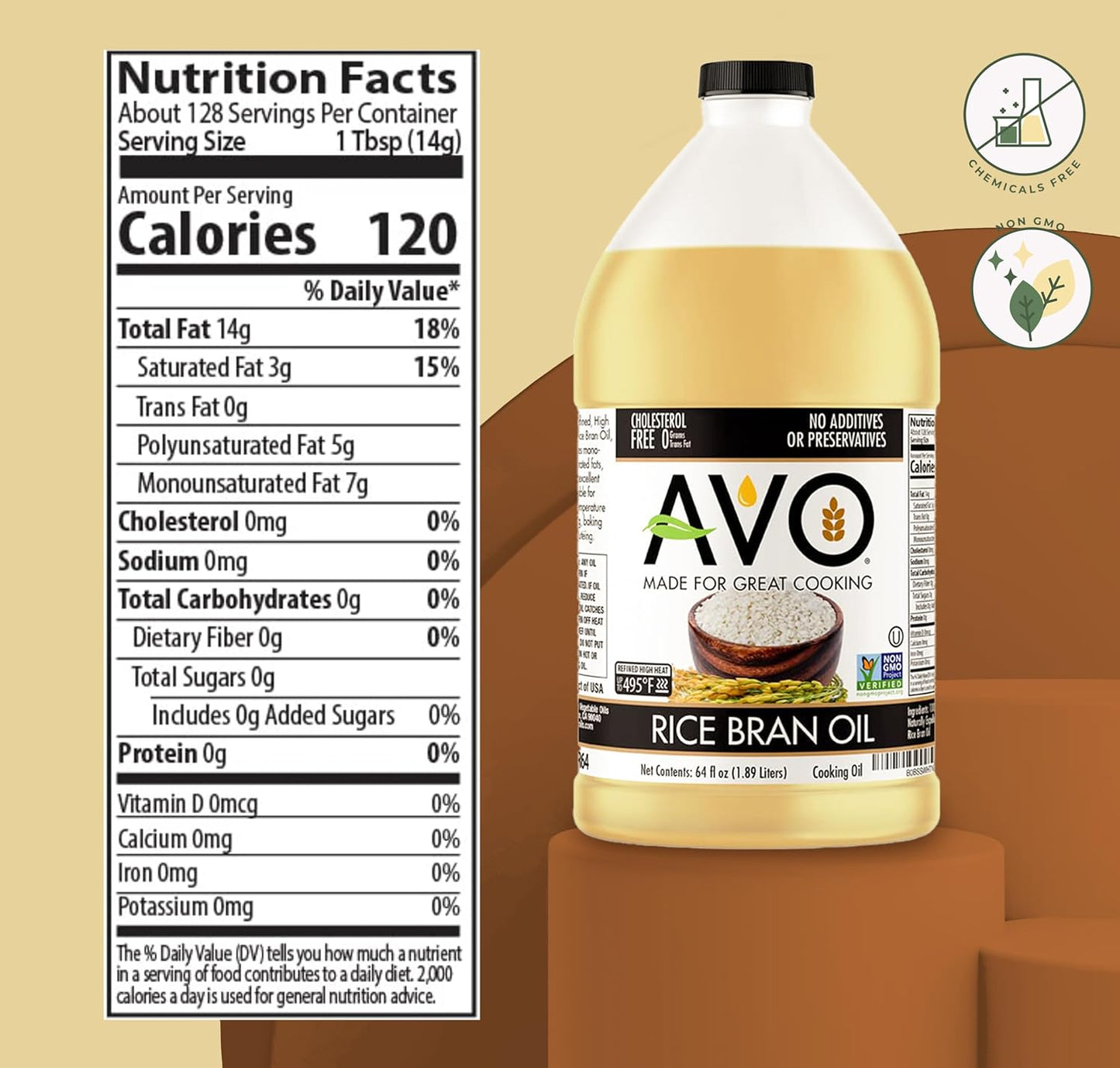 AVO NON GMO 100% Rice Bran Oil, 64 fl oz, No Preservatives Added