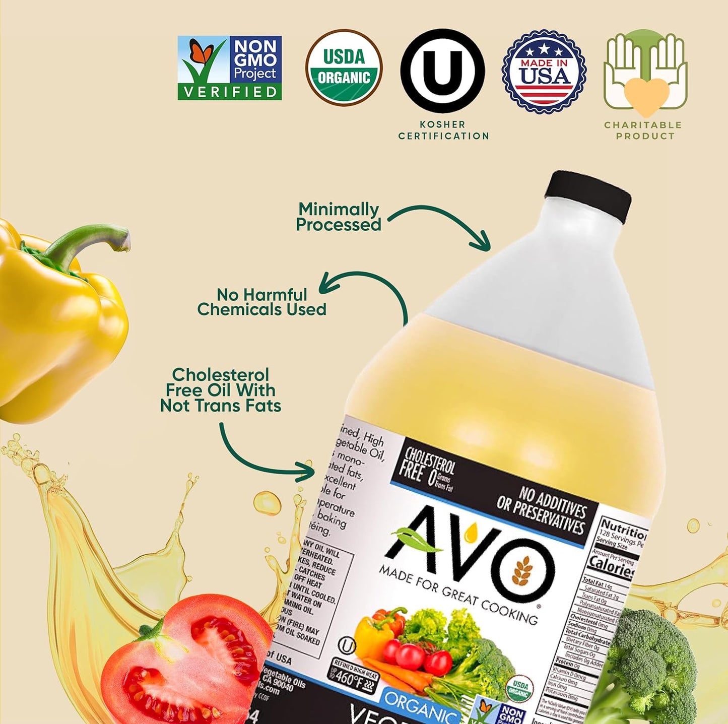 AVO ORGANIC 100% VEGETABLE Oil, 64 Fl-oz (Half a Gallon) NO preservatives added