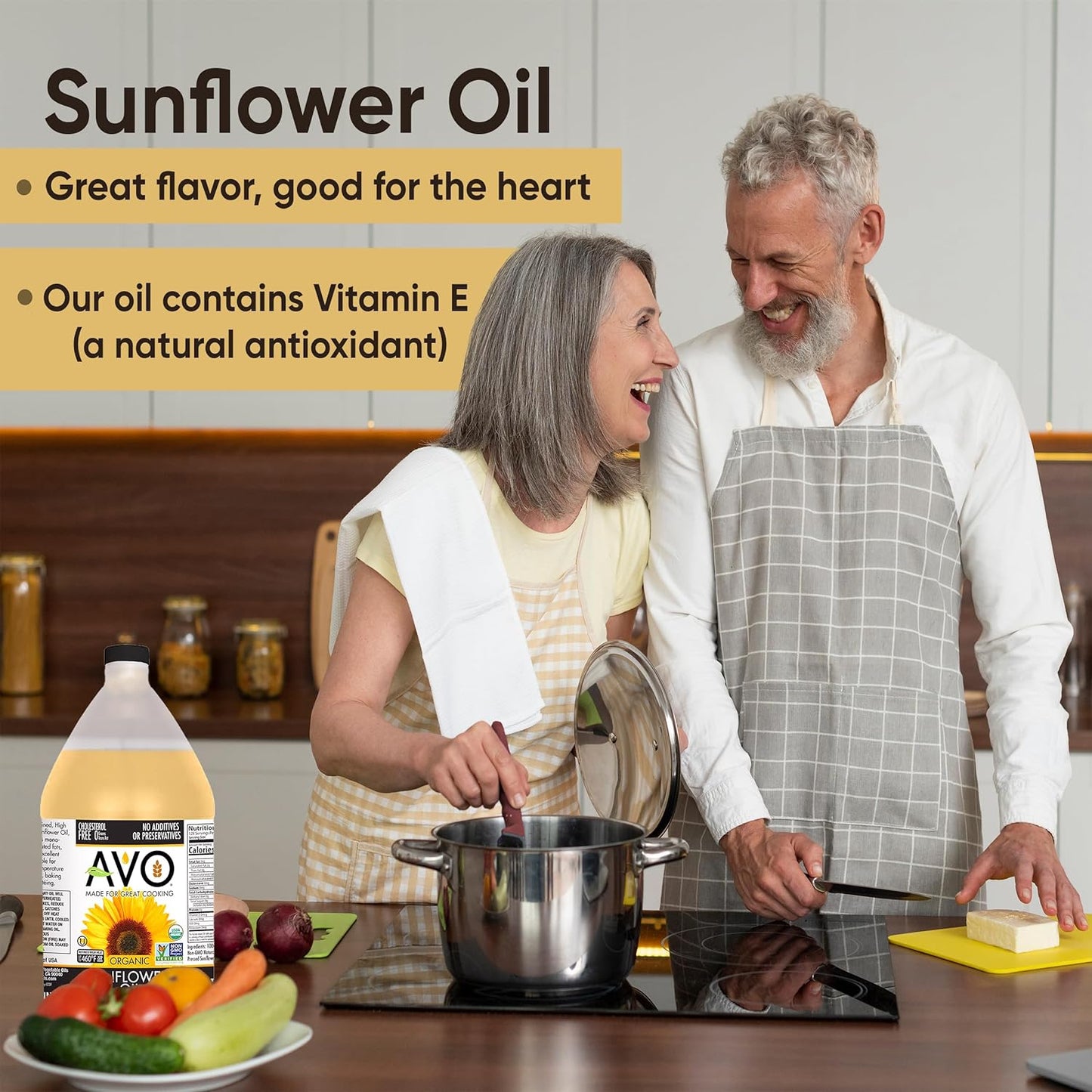 AVO ORGANIC 100% High Oleic SUNFLOWER Oil Frying, Baking, Non-stick Sautéing, Salads, Vinaigrette, Marinades, Pan Coating, General Cooking 64 Fl-oz (Half a Gallon), NO preservatives added, Naturally Processed