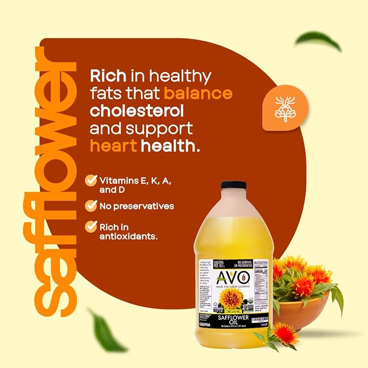 AVO ORGANIC 100% High Oleic SAFFLOWER Oil Frying, Baking, Non-stick Sautéing, Salads, Vinaigrette, Marinades, Pan Coating, General Cooking 64 Fl-oz (Half a Gallon), NO preservatives added, Naturally Processed