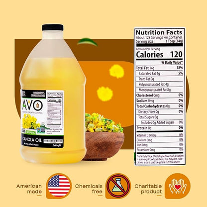 AVO ORGANIC 100% CANOLA Oil Frying, Baking, Non-stick Sautéing, Salads, Vinaigrette, Marinades, Pan Coating, General Cooking 64 Fl-oz (Half a Gallon), NO preservatives added, Naturally Processed