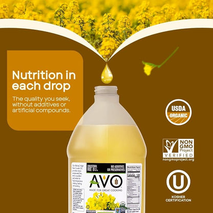 AVO ORGANIC 100% CANOLA Oil Frying, Baking, Non-stick Sautéing, Salads, Vinaigrette, Marinades, Pan Coating, General Cooking 64 Fl-oz (Half a Gallon), NO preservatives added, Naturally Processed