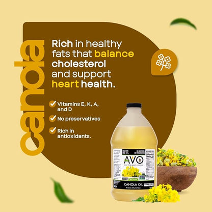 AVO ORGANIC 100% CANOLA Oil Frying, Baking, Non-stick Sautéing, Salads, Vinaigrette, Marinades, Pan Coating, General Cooking 64 Fl-oz (Half a Gallon), NO preservatives added, Naturally Processed
