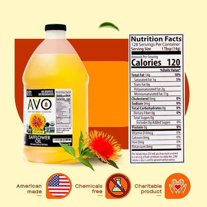 AVO ORGANIC 100% High Oleic SAFFLOWER Oil Frying, Baking, Non-stick Sautéing, Salads, Vinaigrette, Marinades, Pan Coating, General Cooking 64 Fl-oz (Half a Gallon), NO preservatives added, Naturally Processed