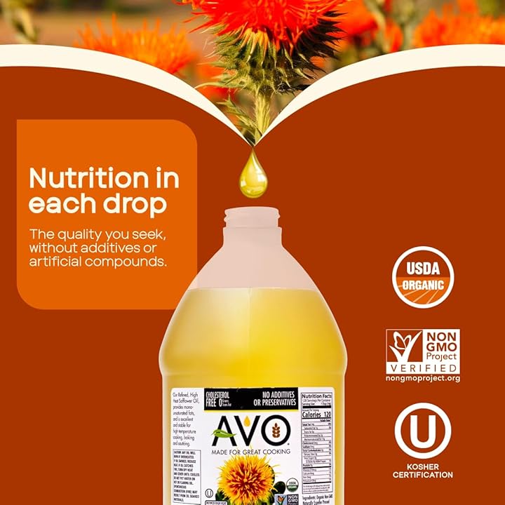 AVO ORGANIC 100% High Oleic SAFFLOWER Oil Frying, Baking, Non-stick Sautéing, Salads, Vinaigrette, Marinades, Pan Coating, General Cooking 64 Fl-oz (Half a Gallon), NO preservatives added, Naturally Processed