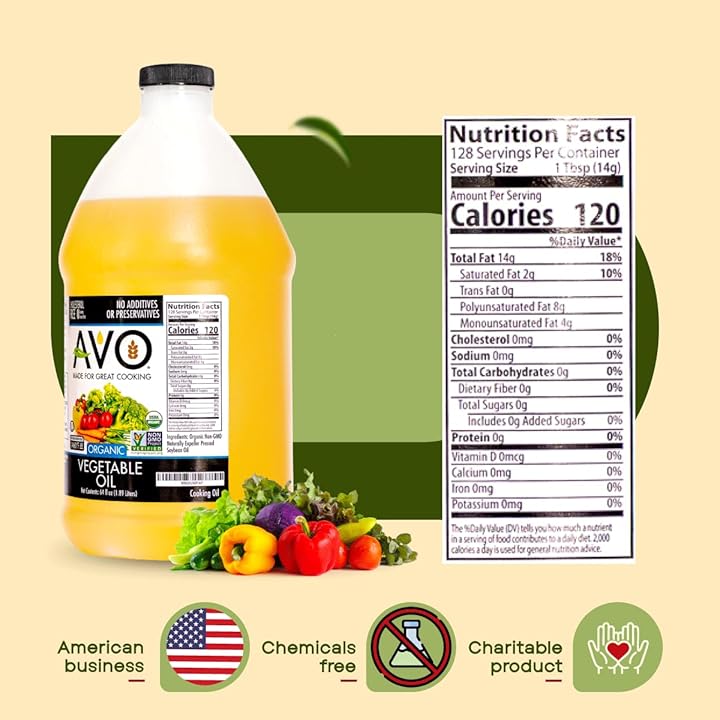 AVO ORGANIC 100% VEGETABLE Oil, 64 Fl-oz (Half a Gallon) NO preservatives added