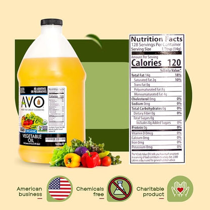 AVO ORGANIC 100% VEGETABLE Oil, 64 Fl-oz (Half a Gallon) NO preservatives added