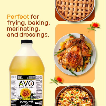 AVO ORGANIC 100% High Oleic SAFFLOWER Oil Frying, Baking, Non-stick Sautéing, Salads, Vinaigrette, Marinades, Pan Coating, General Cooking 64 Fl-oz (Half a Gallon), NO preservatives added, Naturally Processed