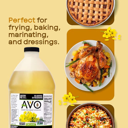 AVO ORGANIC 100% CANOLA Oil Frying, Baking, Non-stick Sautéing, Salads, Vinaigrette, Marinades, Pan Coating, General Cooking 64 Fl-oz (Half a Gallon), NO preservatives added, Naturally Processed