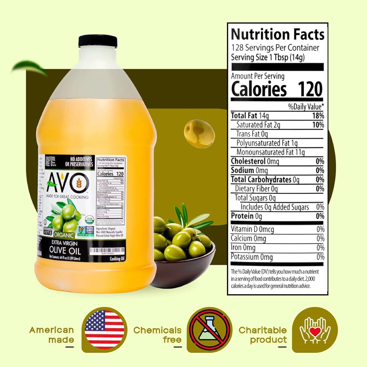 AVO ORGANIC 100% EXTRA VIRGIN OLIVE Oil, 64 Fl-oz (Half Gallon) NO preservatives added