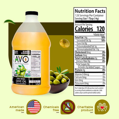 AVO ORGANIC 100% EXTRA VIRGIN OLIVE Oil, 64 Fl-oz (Half Gallon) NO preservatives added
