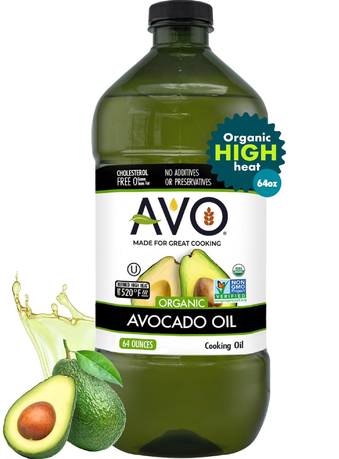 AVO ORGANIC 100% AVOCADO Oil Frying, Baking, Non-stick Sautéing, Salads, Vinaigrette, Marinades, Pan Coating, General Cooking 64 Fl-oz (Half a Gallon), NO preservatives added, Naturally Processed