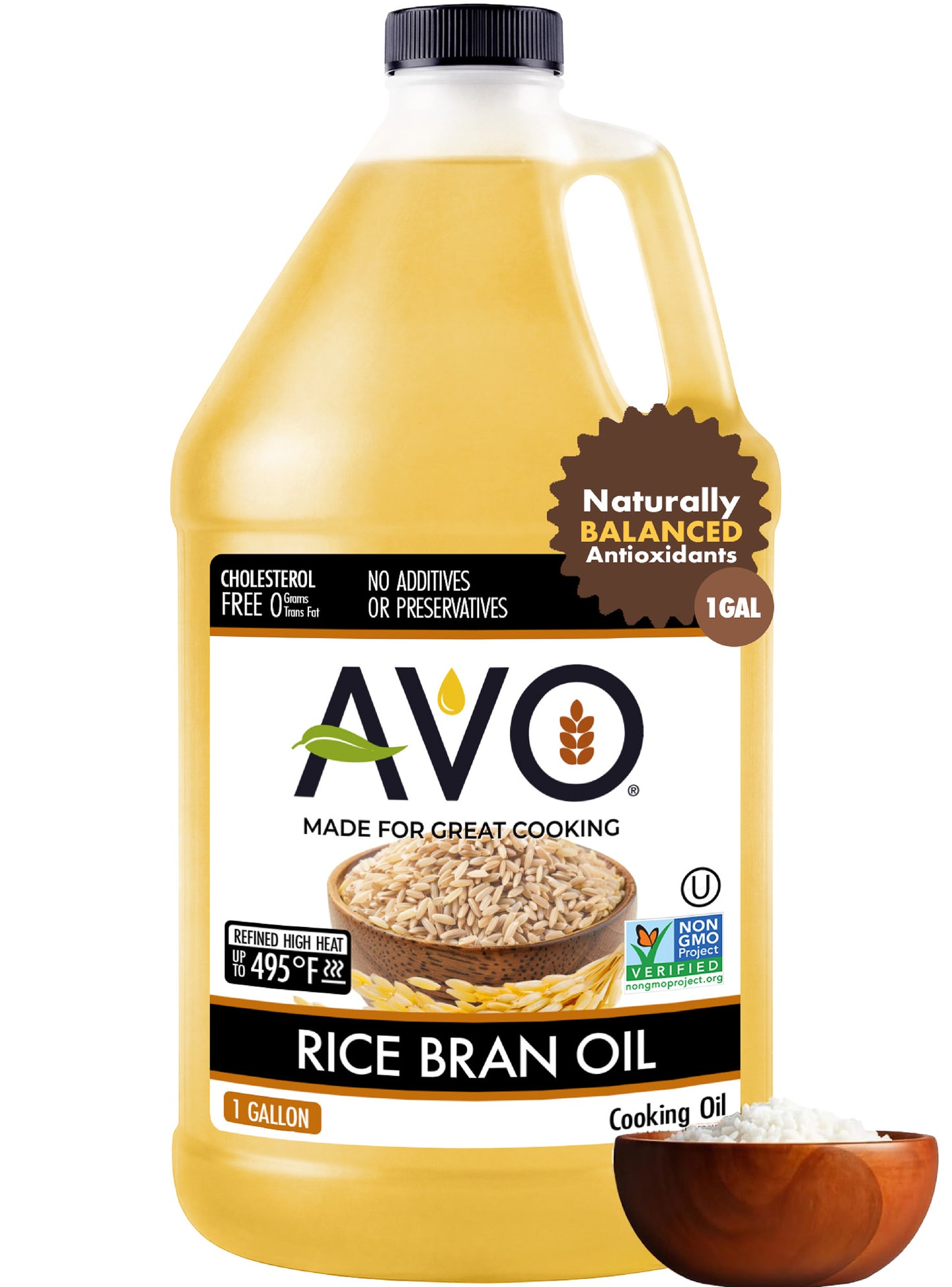 AVO NON GMO 100% Rice Bran Oil, 1 Gallon, No Preservatives Added