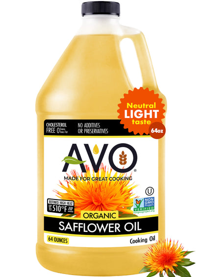 AVO ORGANIC 100% High Oleic SAFFLOWER Oil Frying, Baking, Non-stick Sautéing, Salads, Vinaigrette, Marinades, Pan Coating, General Cooking 64 Fl-oz (Half a Gallon), NO preservatives added, Naturally Processed