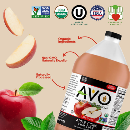 AVO 1 Gallon (128 oz) Naturally Processed ORGANIC NON-GMO Apple Cider Vinegar with the Mother – Raw, Unfiltered, Unpasteurized All Natural Ingredients