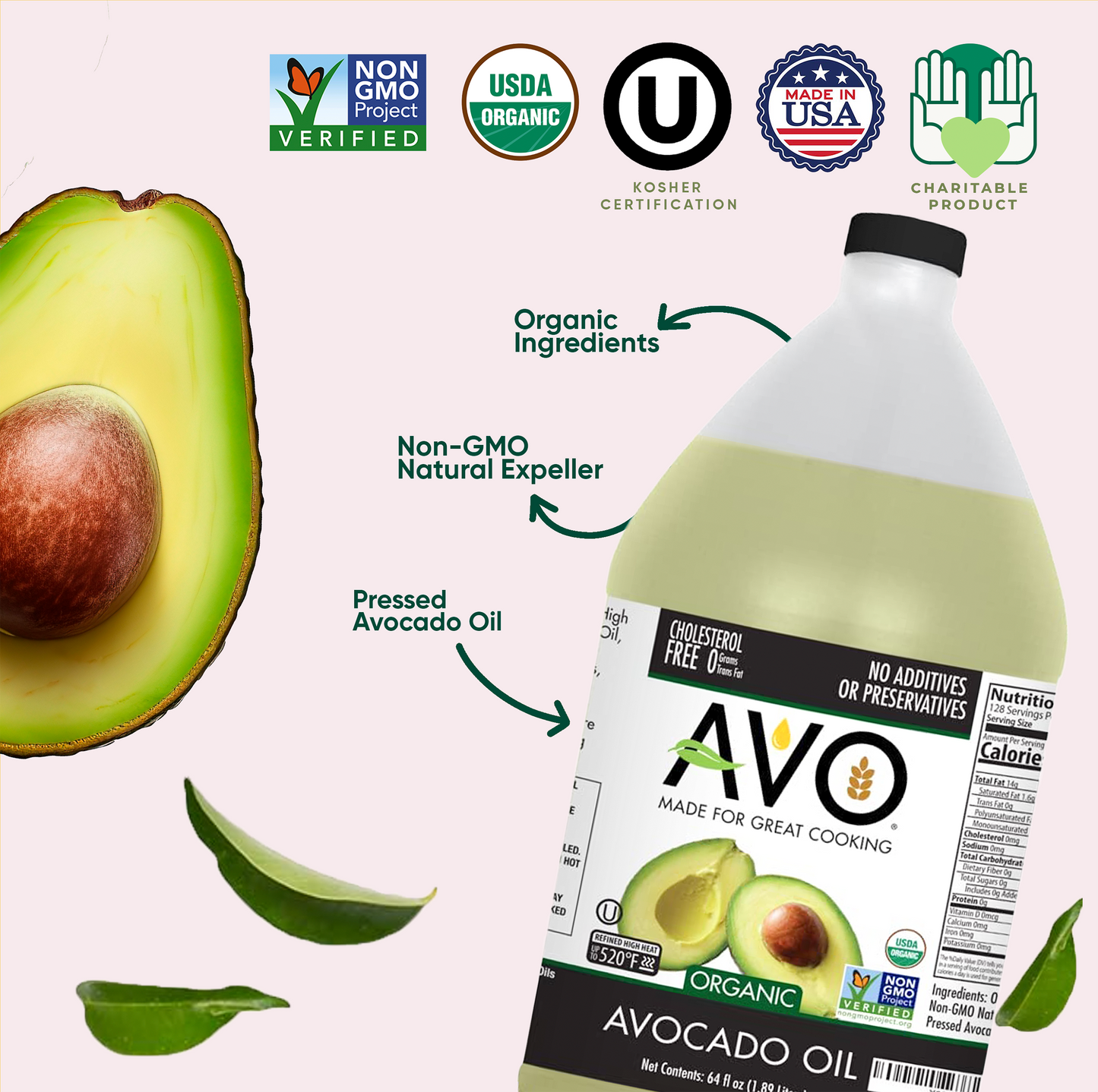 AVO ORGANIC 100% AVOCADO Oil Frying, Baking, Non-stick Sautéing, Salads, Vinaigrette, Marinades, Pan Coating, General Cooking 64 Fl-oz (Half a Gallon), NO preservatives added, Naturally Processed