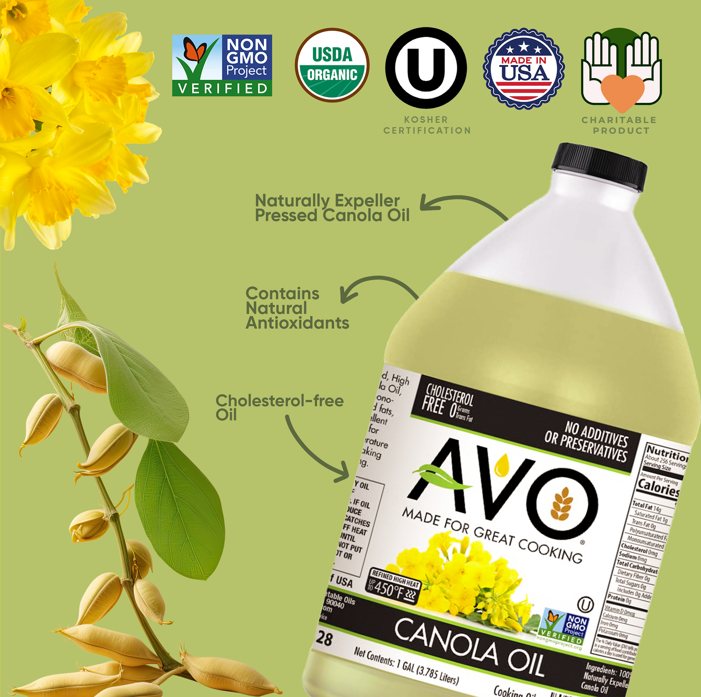 AVO NON-GMO Certified Expeller Pressed Canola Oil - 1 Gallon