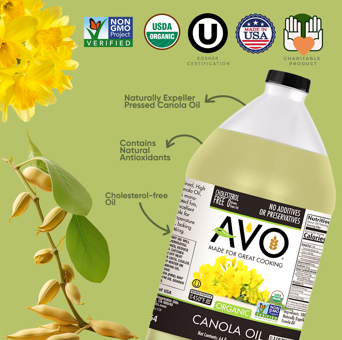 AVO ORGANIC 100% CANOLA Oil Frying, Baking, Non-stick Sautéing, Salads, Vinaigrette, Marinades, Pan Coating, General Cooking 64 Fl-oz (Half a Gallon), NO preservatives added, Naturally Processed