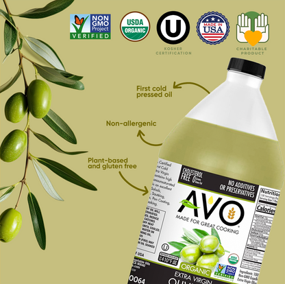 AVO ORGANIC 100% EXTRA VIRGIN OLIVE Oil, 64 Fl-oz (Half Gallon) NO preservatives added