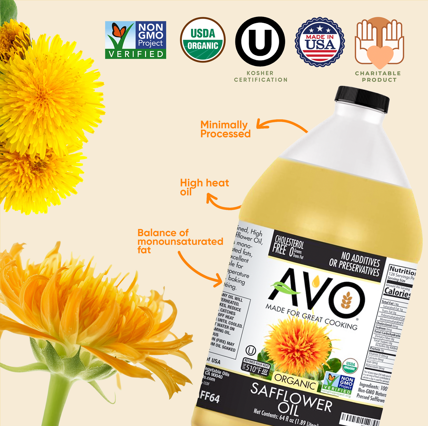 AVO ORGANIC 100% High Oleic SAFFLOWER Oil Frying, Baking, Non-stick Sautéing, Salads, Vinaigrette, Marinades, Pan Coating, General Cooking 64 Fl-oz (Half a Gallon), NO preservatives added, Naturally Processed