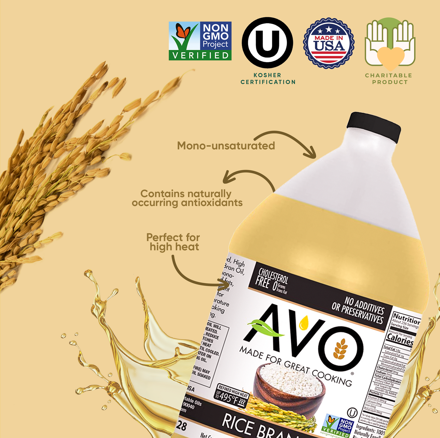 AVO NON GMO 100% Rice Bran Oil, 1 Gallon, No Preservatives Added