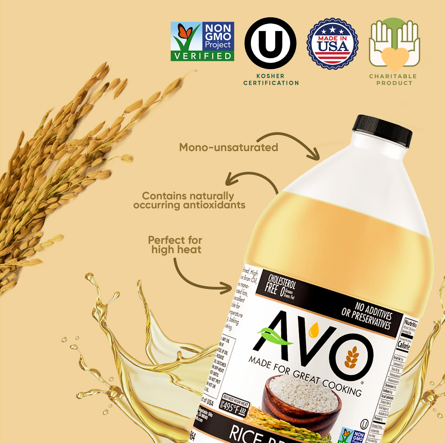 AVO NON GMO 100% Rice Bran Oil, 64 fl oz, No Preservatives Added