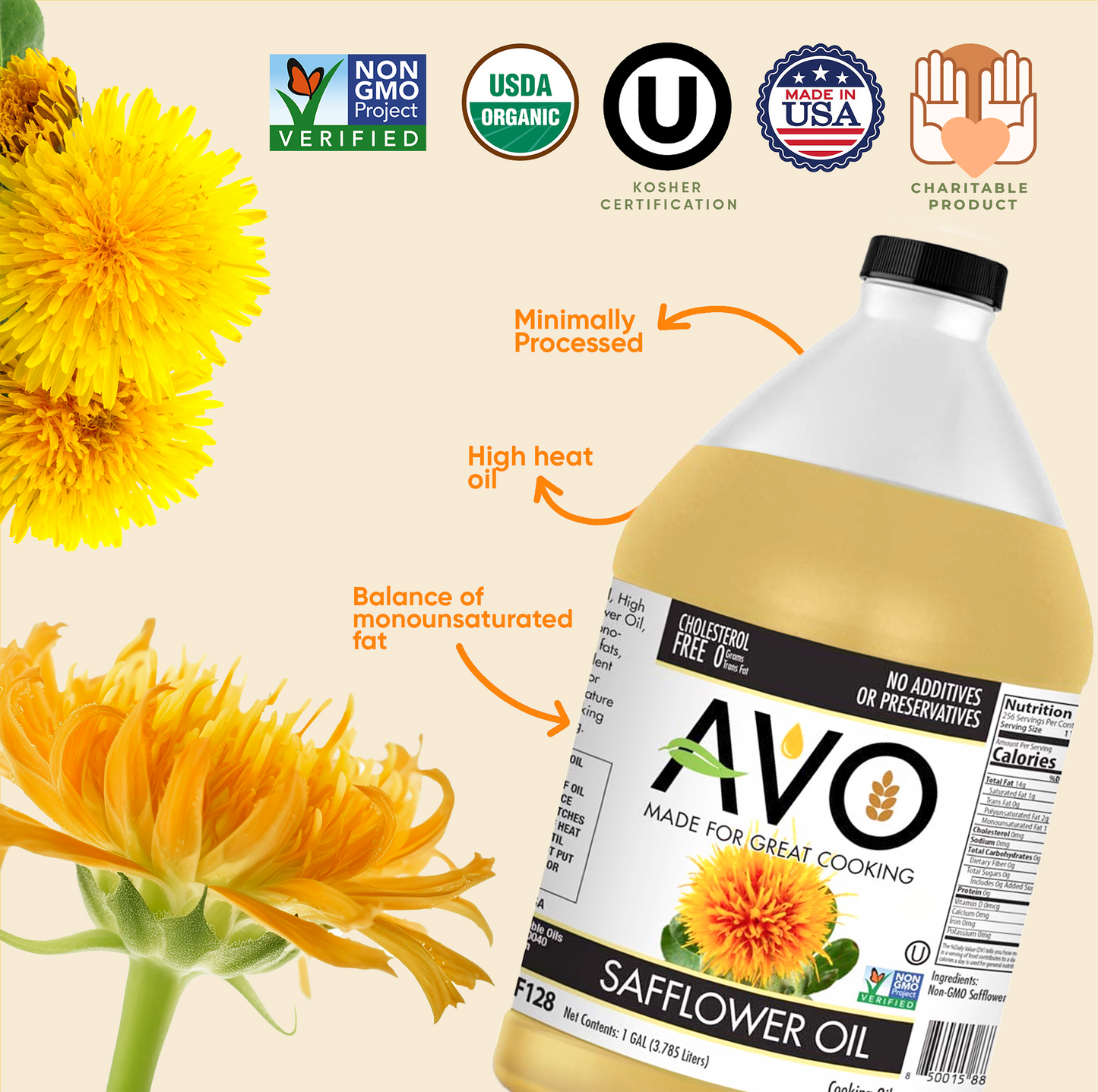 AVO Naturally Processed NON-GMO High Oleic Safflower Oil, 1 Gallon