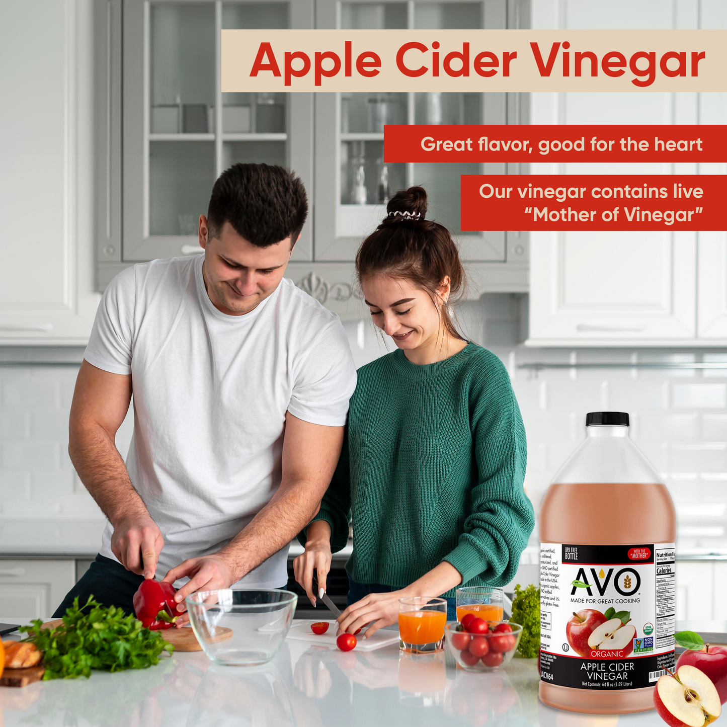 AVO Naturally Processed ORGANIC NON-GMO Apple Cider Vinegar with the Mother – Raw, Unfiltered, Unpasteurized All Natural Ingredients, 2pk 64 FL Oz