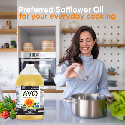 AVO ORGANIC 100% High Oleic SAFFLOWER Oil Frying, Baking, Non-stick Sautéing, Salads, Vinaigrette, Marinades, Pan Coating, General Cooking 64 Fl-oz (Half a Gallon), NO preservatives added, Naturally Processed