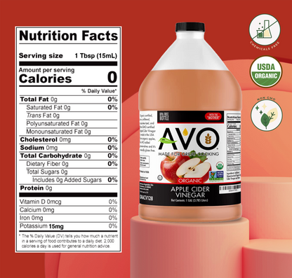 AVO 1 Gallon (128 oz) Naturally Processed ORGANIC NON-GMO Apple Cider Vinegar with the Mother – Raw, Unfiltered, Unpasteurized All Natural Ingredients