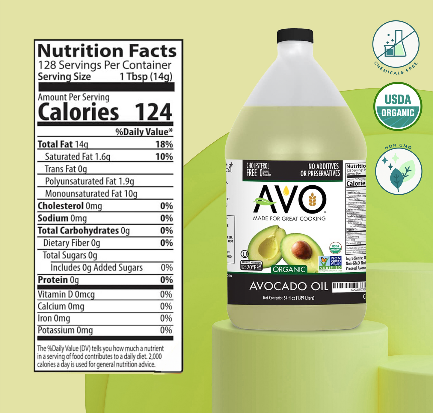 AVO ORGANIC 100% AVOCADO Oil Frying, Baking, Non-stick Sautéing, Salads, Vinaigrette, Marinades, Pan Coating, General Cooking 64 Fl-oz (Half a Gallon), NO preservatives added, Naturally Processed