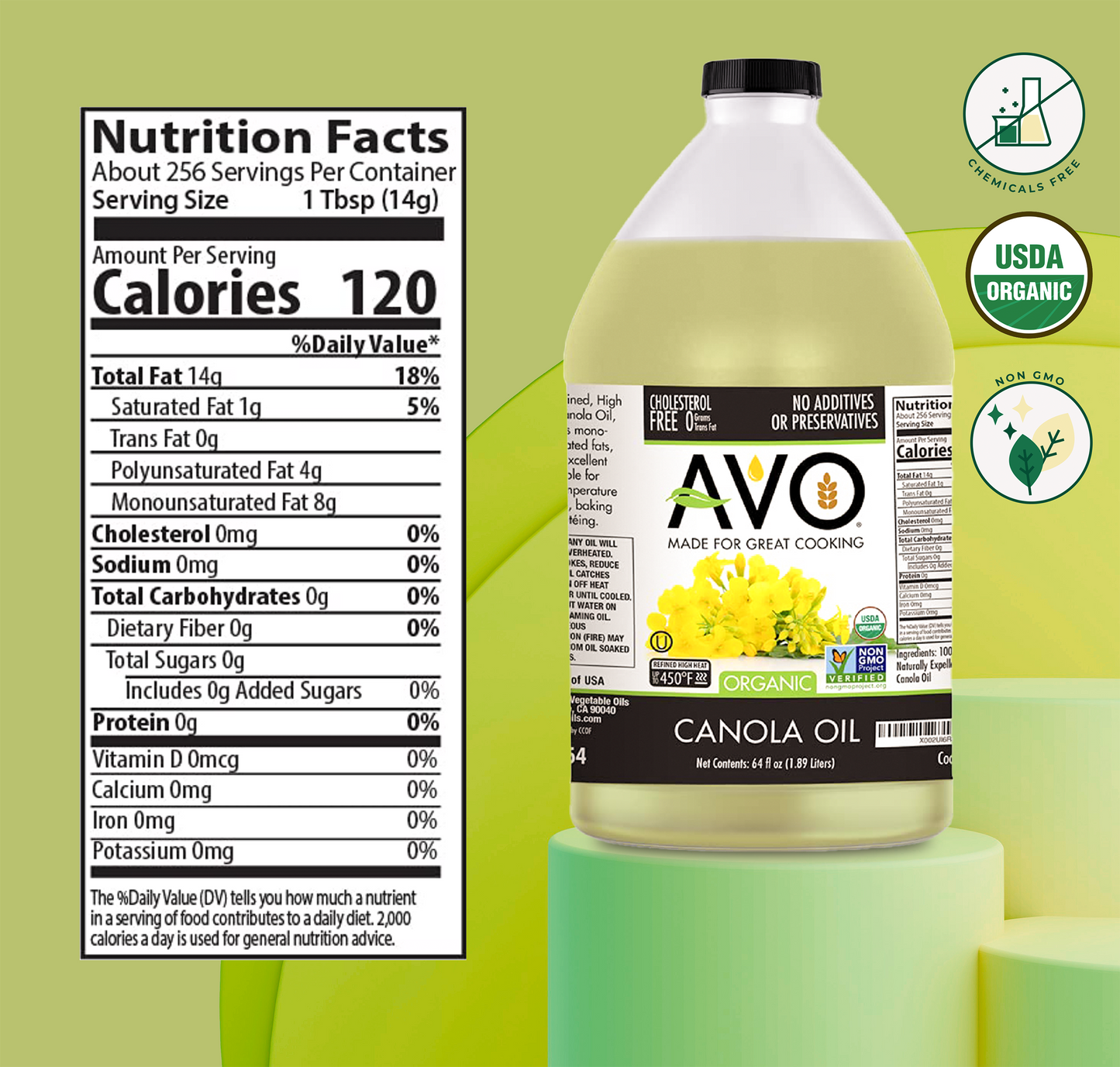 AVO ORGANIC 100% CANOLA Oil Frying, Baking, Non-stick Sautéing, Salads, Vinaigrette, Marinades, Pan Coating, General Cooking 64 Fl-oz (Half a Gallon), NO preservatives added, Naturally Processed