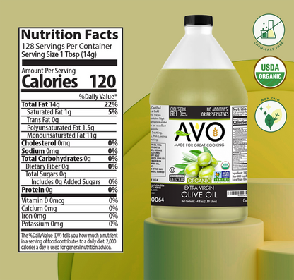 AVO ORGANIC 100% EXTRA VIRGIN OLIVE Oil, 64 Fl-oz (Half Gallon) NO preservatives added