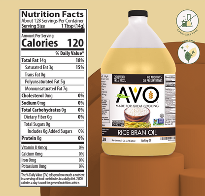 AVO NON GMO 100% Rice Bran Oil, 1 Gallon, No Preservatives Added