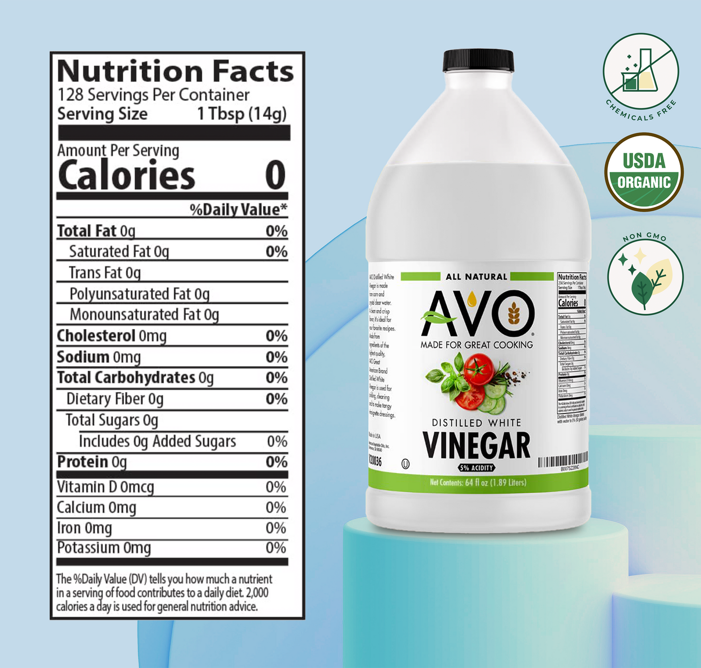 AVO Half Gallon (64 fl oz) Pure Natural Distilled White Vinegar - 5% Acidity