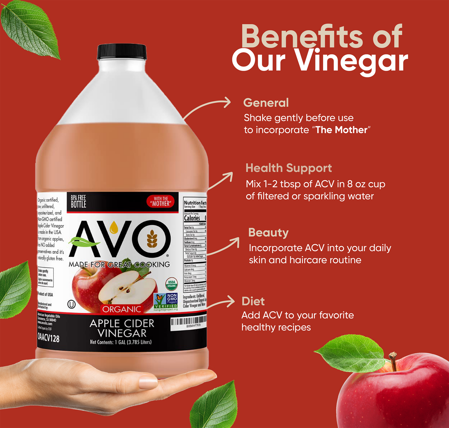 AVO 1 Gallon (128 oz) Naturally Processed ORGANIC NON-GMO Apple Cider Vinegar with the Mother – Raw, Unfiltered, Unpasteurized All Natural Ingredients