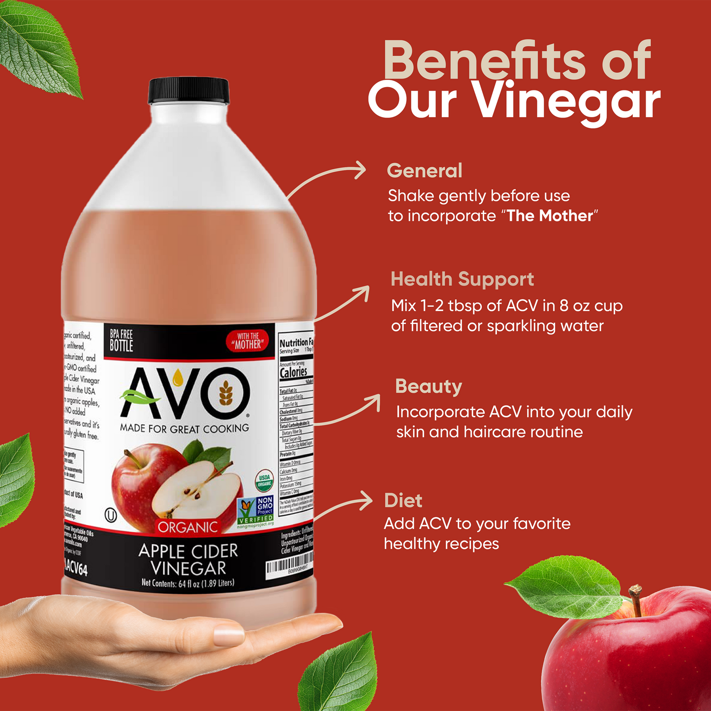 AVO Naturally Processed ORGANIC NON-GMO Apple Cider Vinegar with the Mother – Raw, Unfiltered, Unpasteurized All Natural Ingredients, 2pk 64 FL Oz