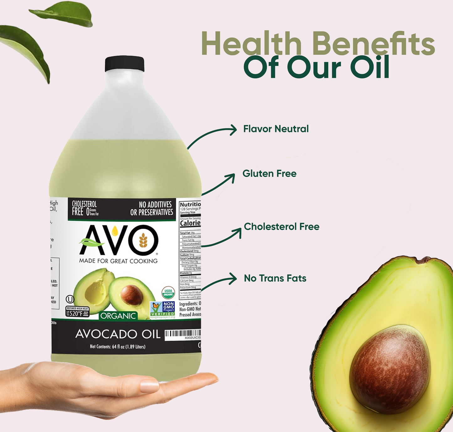 AVO ORGANIC 100% AVOCADO Oil Frying, Baking, Non-stick Sautéing, Salads, Vinaigrette, Marinades, Pan Coating, General Cooking 64 Fl-oz (Half a Gallon), NO preservatives added, Naturally Processed