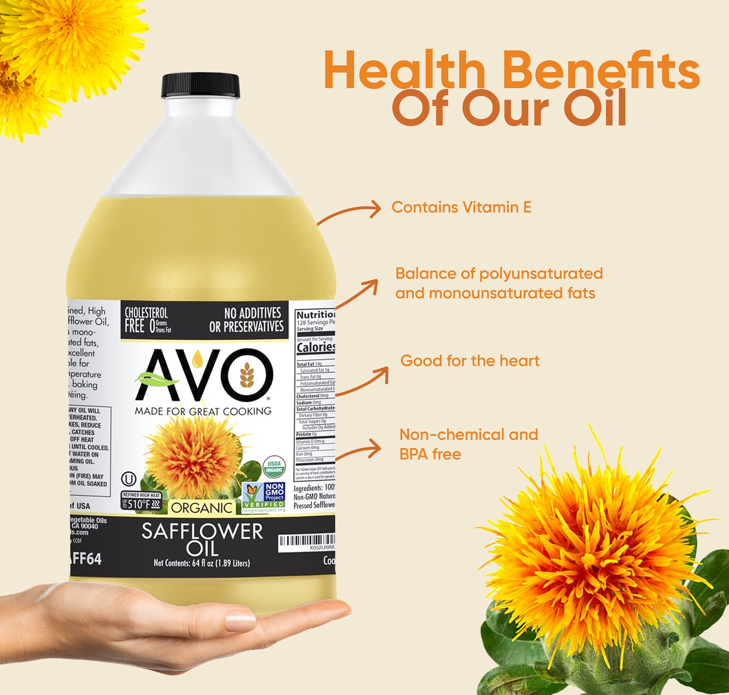 AVO Organic safflower oil bottle and benefits graphic